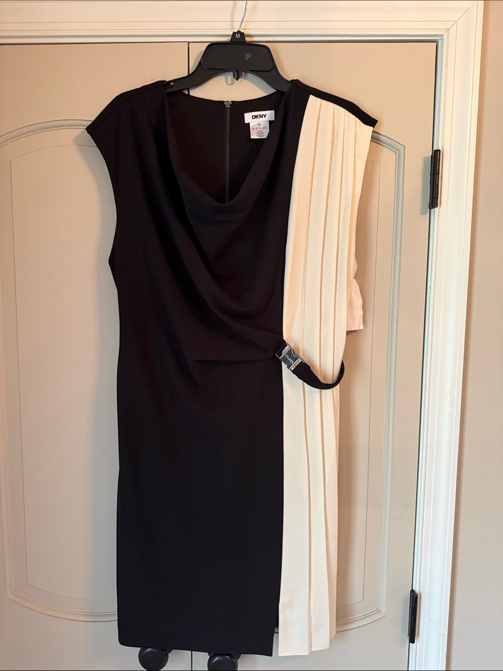 DKNY Black and Cream One-Shoulder Pleated Sheath Dress